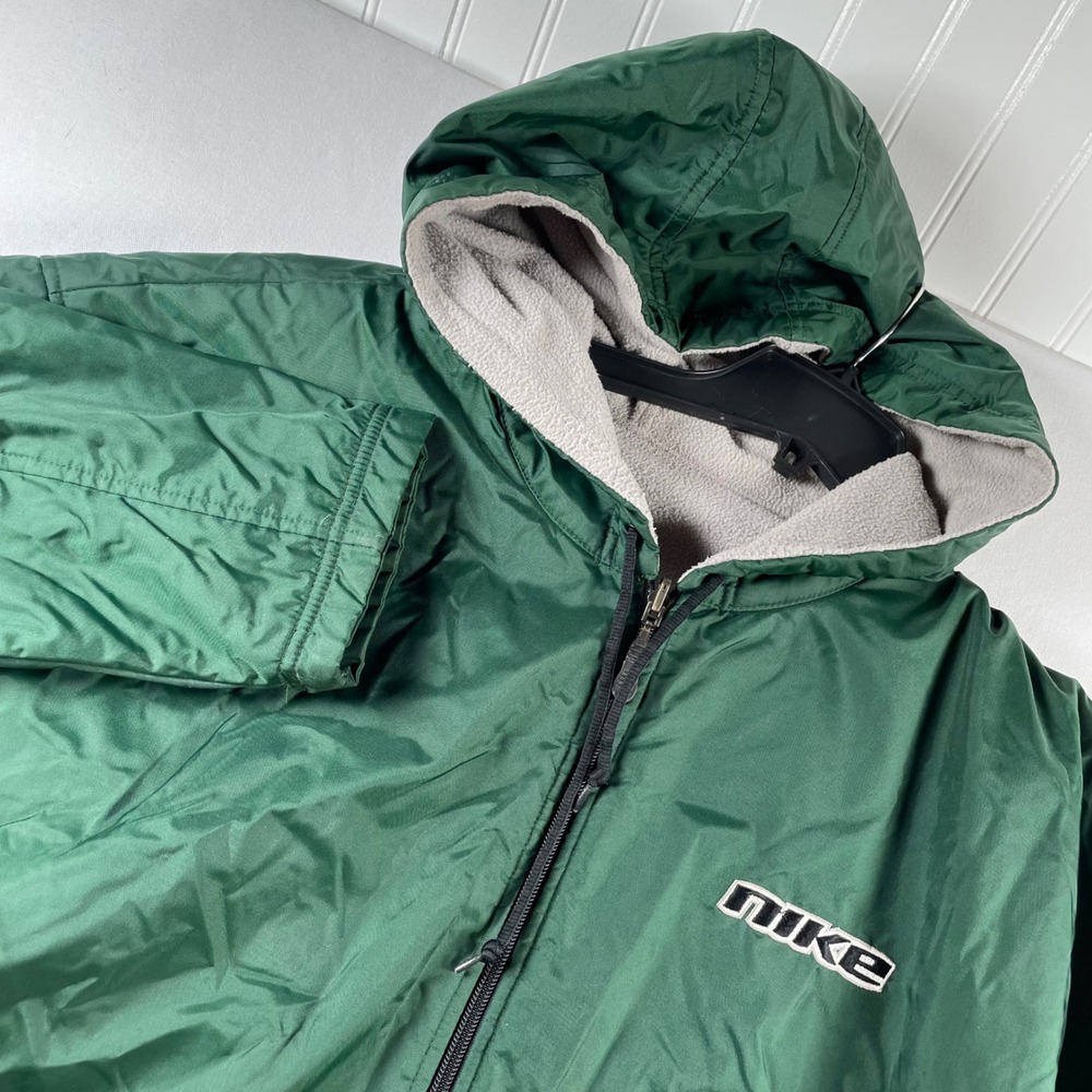 VTG Nike Y2K Reversible Hooded Jacket Men Green Nylon Grey Fleece Full Zip Parka